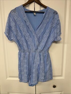 Revamped Light Blue Floral Lace V-Neck Romper